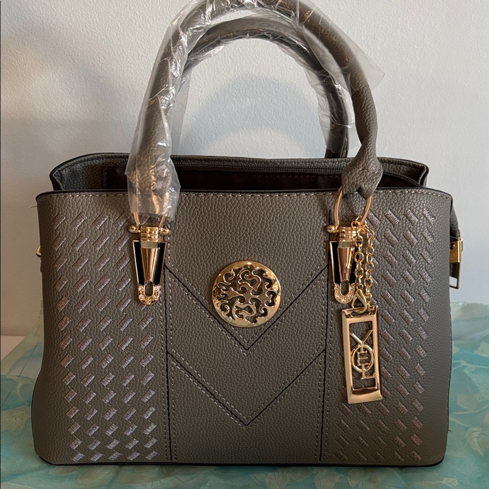 New,Faux Leather Bag with Gold Hardware  (Grey) Shoulder/Handle Straps 7 Pockets